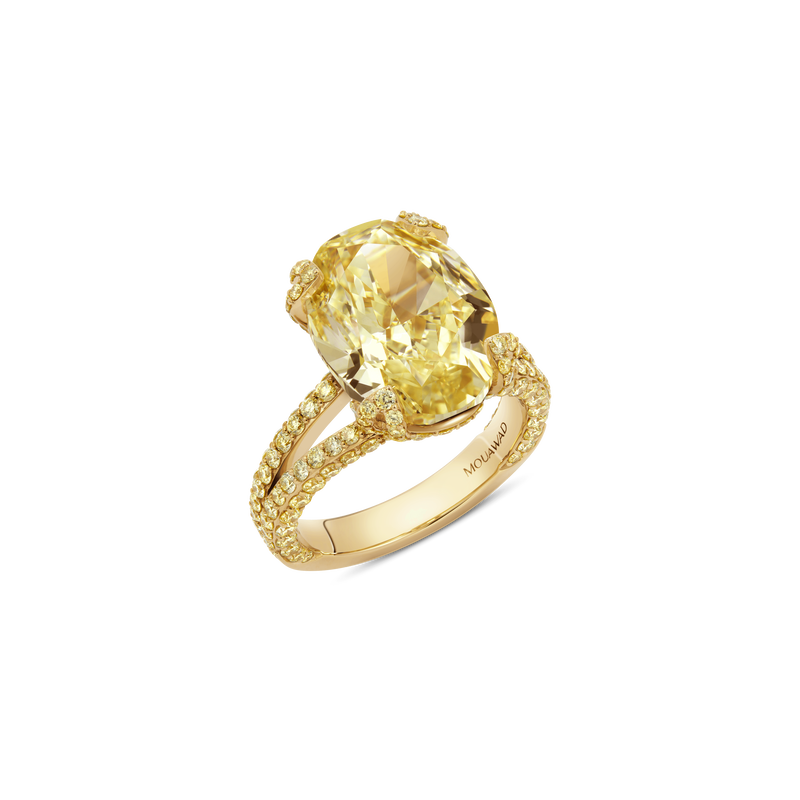 The Only Oval Fancy Yellow Diamond Engagement Ring with Half-Pavé Band