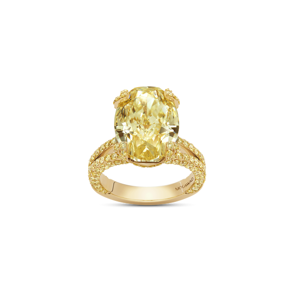 The Only Oval Fancy Yellow Diamond Engagement Ring with Half-Pavé Band