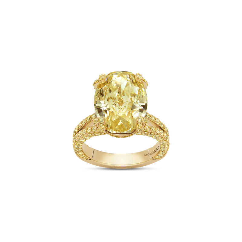 The Only Oval Fancy Yellow Diamond Engagement Ring with Half-Pavé Band