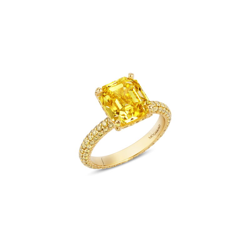 Emerald-Cut Fancy Vivid Yellow Diamond Ring with Full Pavé Band