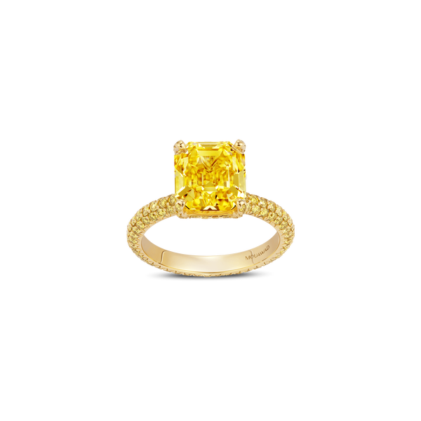 Emerald-Cut Fancy Vivid Yellow Diamond Ring with Full Pavé Band